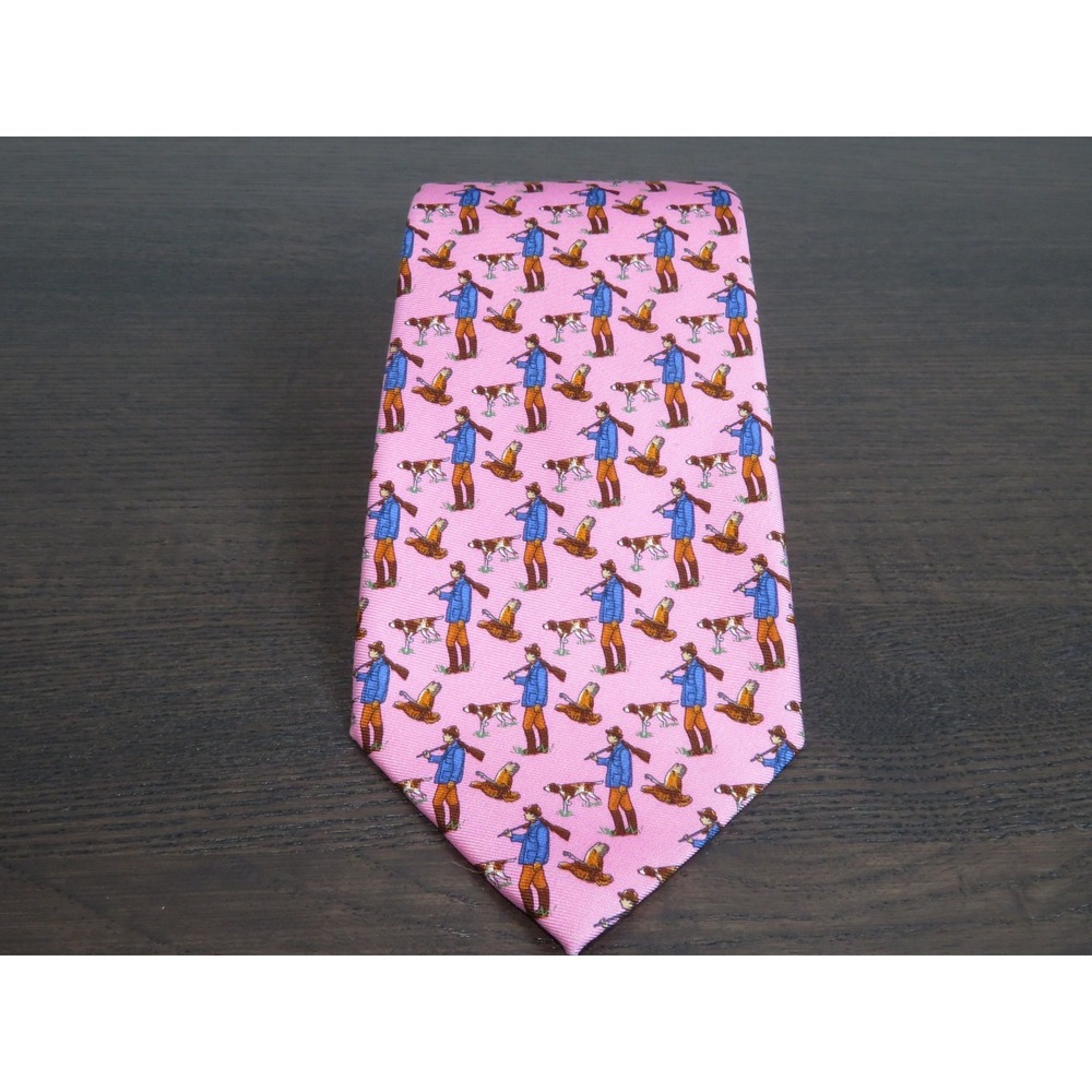 Vintage Polo Ralph Lauren Tie Hunting Dog Pattern Silk Pink Classic Sportsman